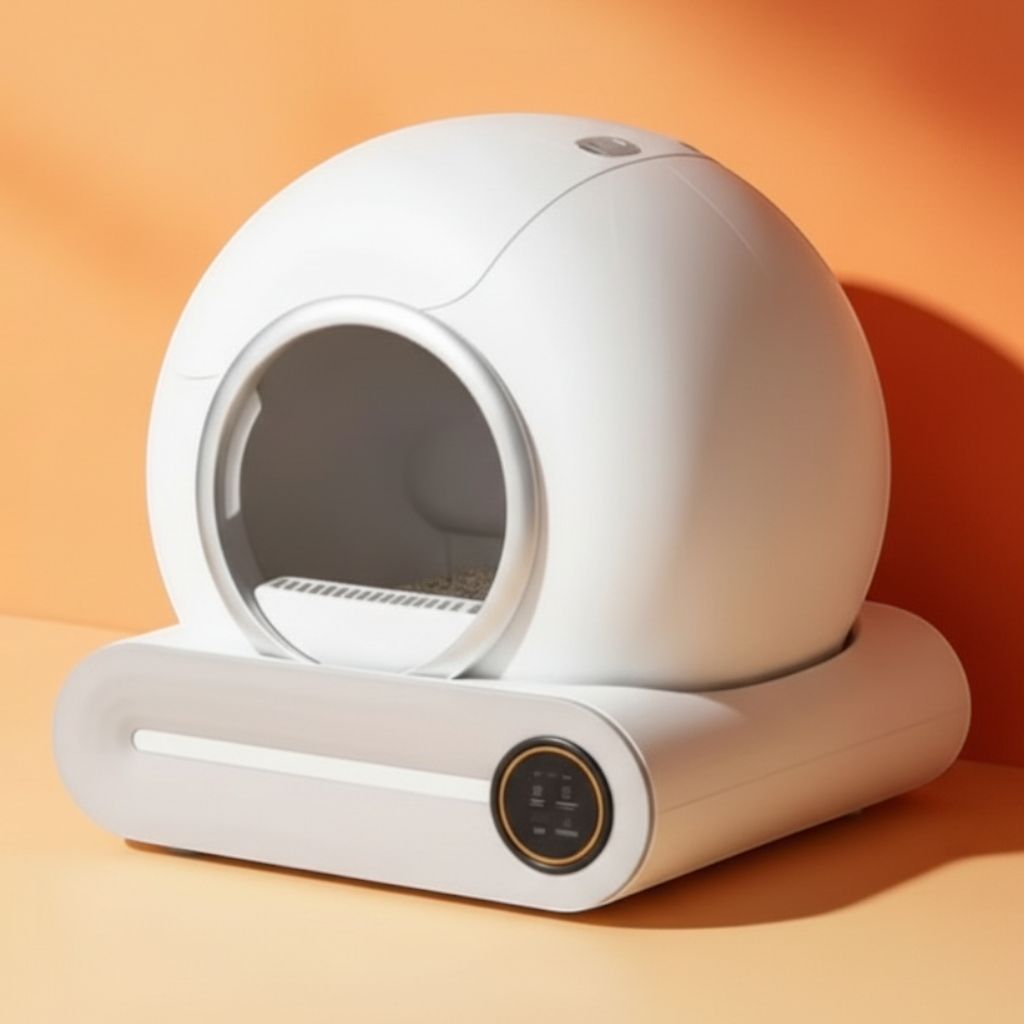 Bac à litière auto nettoyante Esprit Chat blanc au design sphérique moderne avec panneau de contrôle tactile