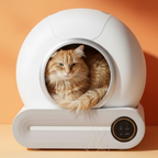 Bac à litière auto nettoyante Esprit Chat blanc et arrondi avec un chat roux à l'intérieur sur fond orange