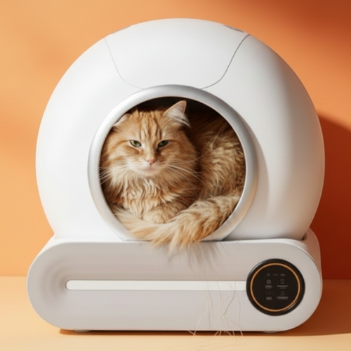 Bac à litière auto nettoyante Esprit Chat blanc et arrondi avec un chat roux à l'intérieur sur fond orange