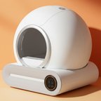 Bac à litière auto nettoyante Esprit Chat blanche et ronde avec écran tactile sur fond orange