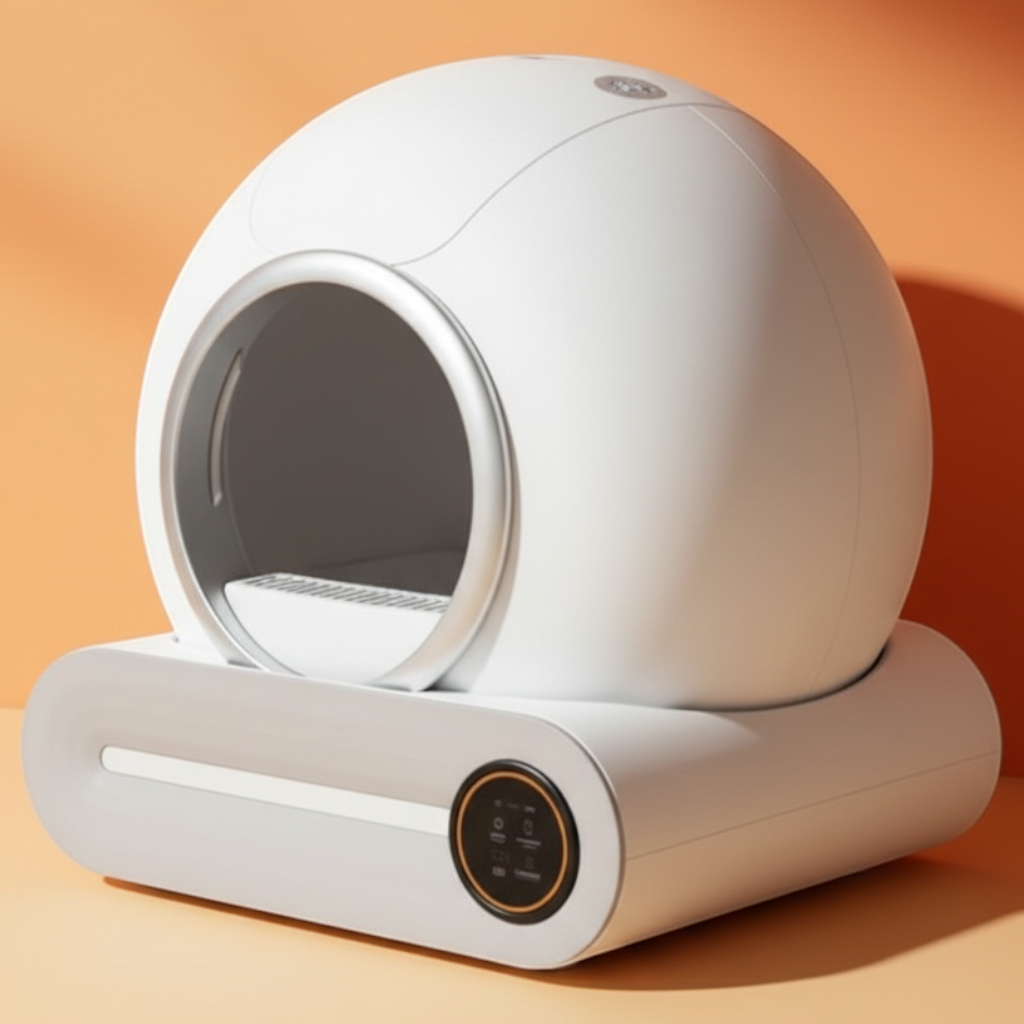 Bac à litière auto nettoyante Esprit Chat blanche et ronde avec écran tactile sur fond orange