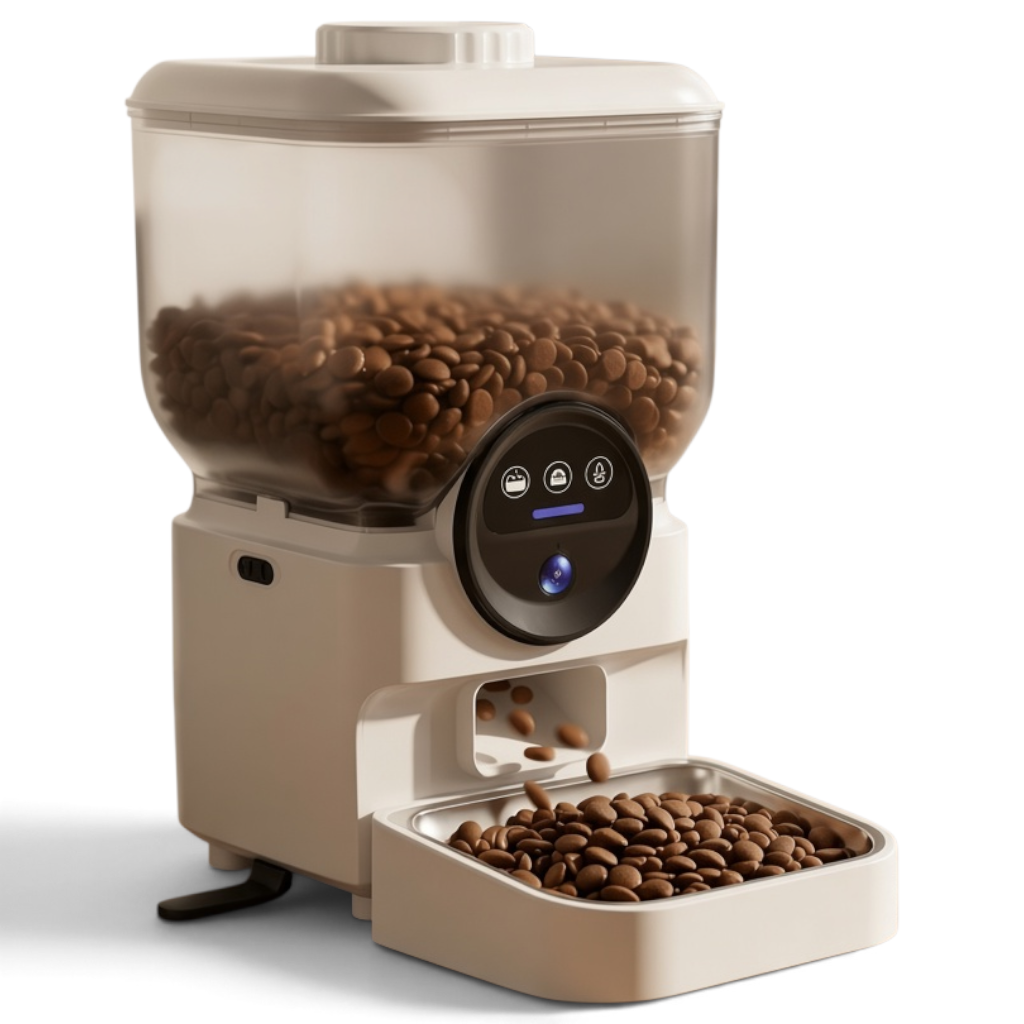 Distributeur automatique de croquettes Esprit Chat blanc avec réservoir transparent et gamelle intégrée