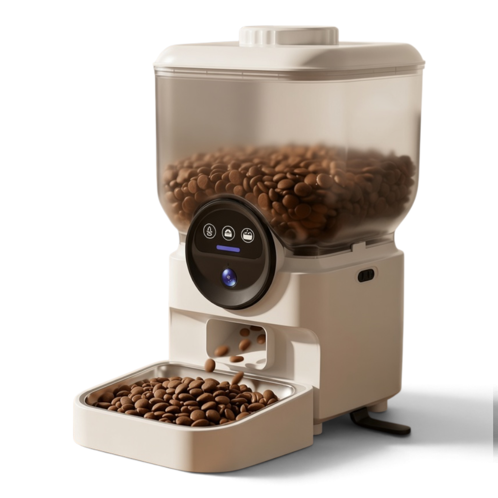 Distributeur de croquettes automatique Esprit Chat blanc avec réservoir transparent et gamelle en métal