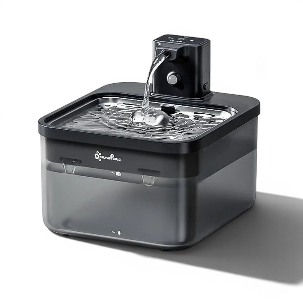 Fontaine à eau automatique en acier inoxydable DownyPaws pour chat, 2.5L, avec bec verseur et réservoir transparent.