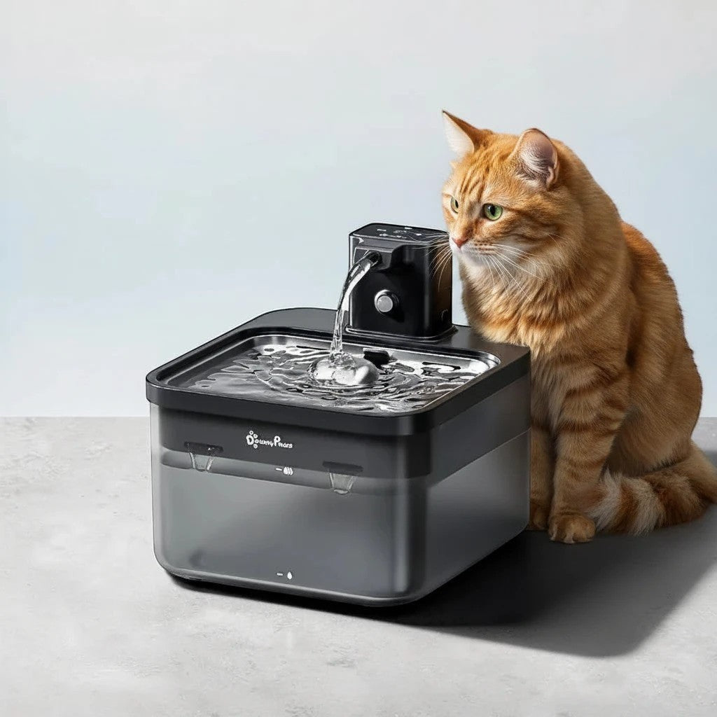 Fontaine à eau automatique en acier inoxydable DownyPaws pour chat, avec un chat roux à côté.