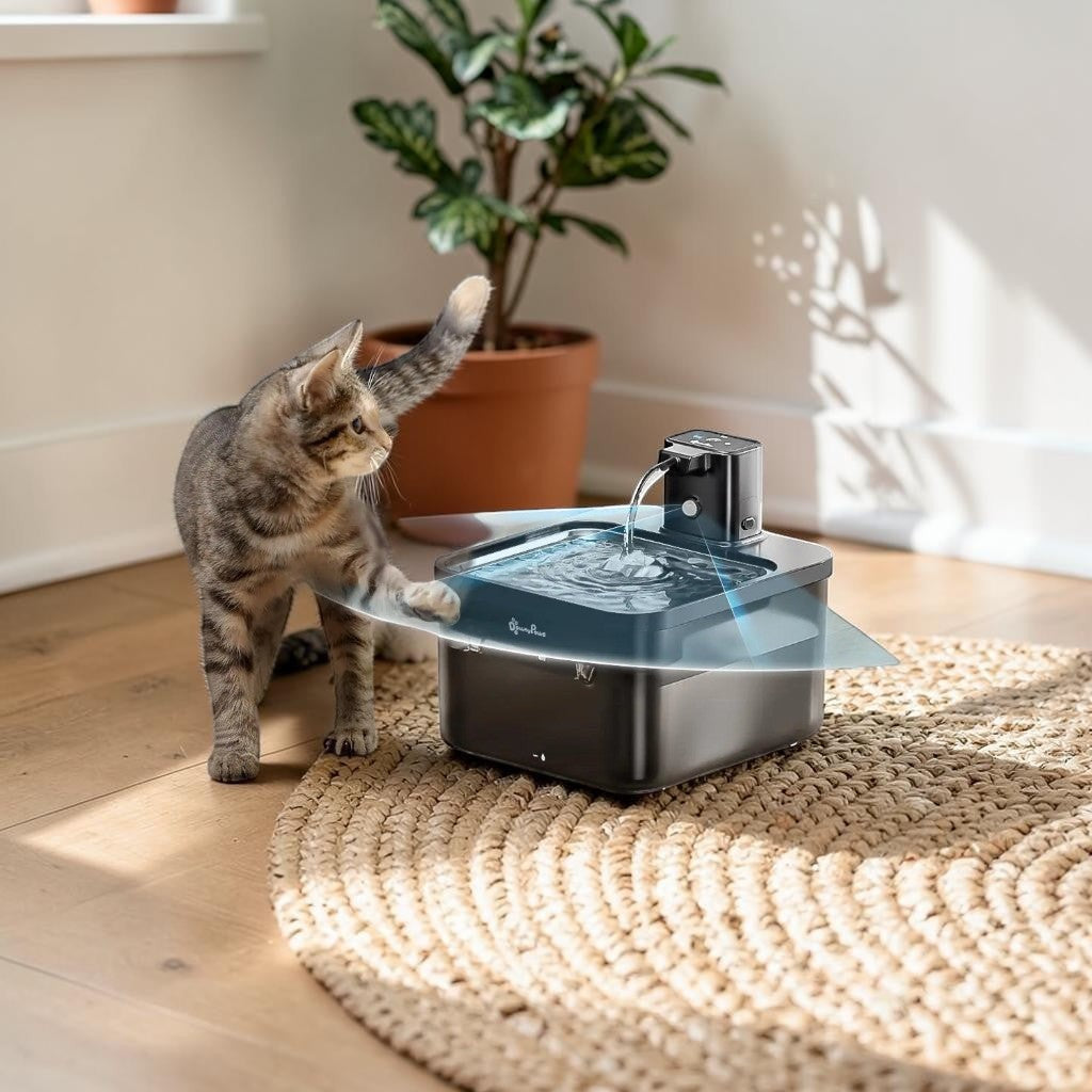 Fontaine à eau automatique en acier inoxydable DownyPaws pour chat, avec un chaton jouant à côté.