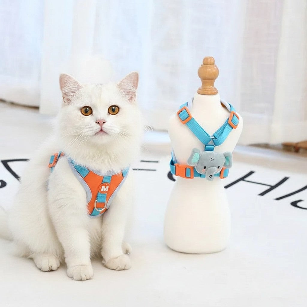 Harnais pour chat et chien Elfidog bleu et orange avec motif éléphant, en nylon, pour toutes saisons.