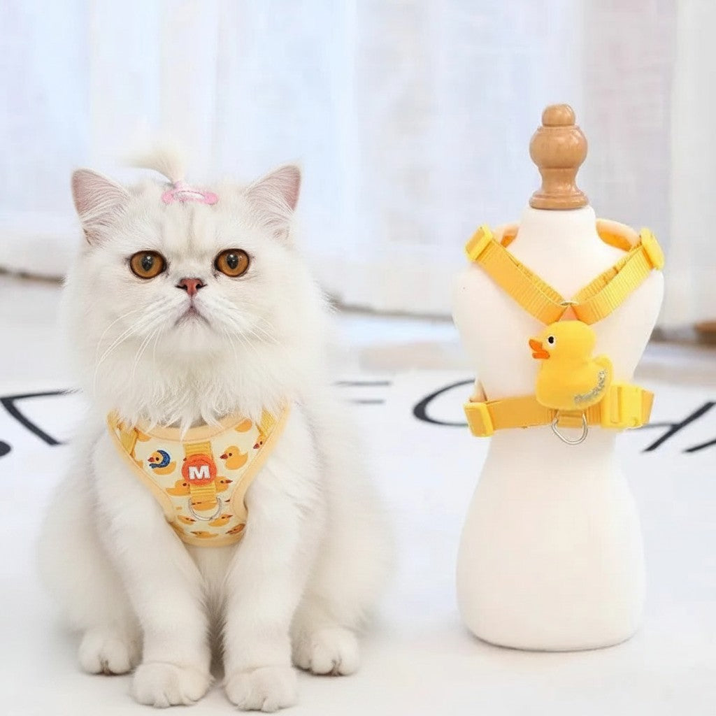 Harnais pour chat et chien Elfidog jaune avec motif canard, en nylon, avec boucle détachable