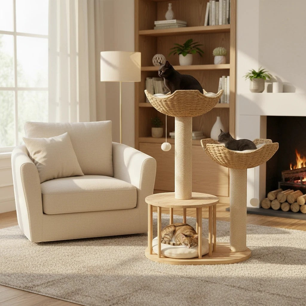 Arbre à chat Esprit Chat 3 niveaux en bois naturel et blanc avec paniers tressés et poteaux en corde de sisal, idéal pour jouer et se reposer.