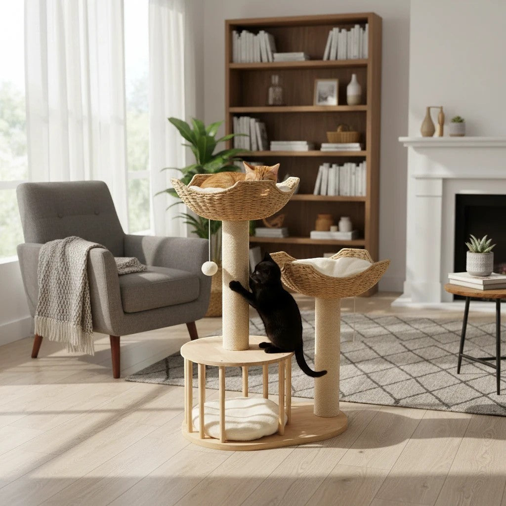 Arbre à chat Esprit Chat à 3 niveaux, avec paniers tressés, poteaux en sisal et base en bois naturel. Un chat noir joue et un chat roux se repose.