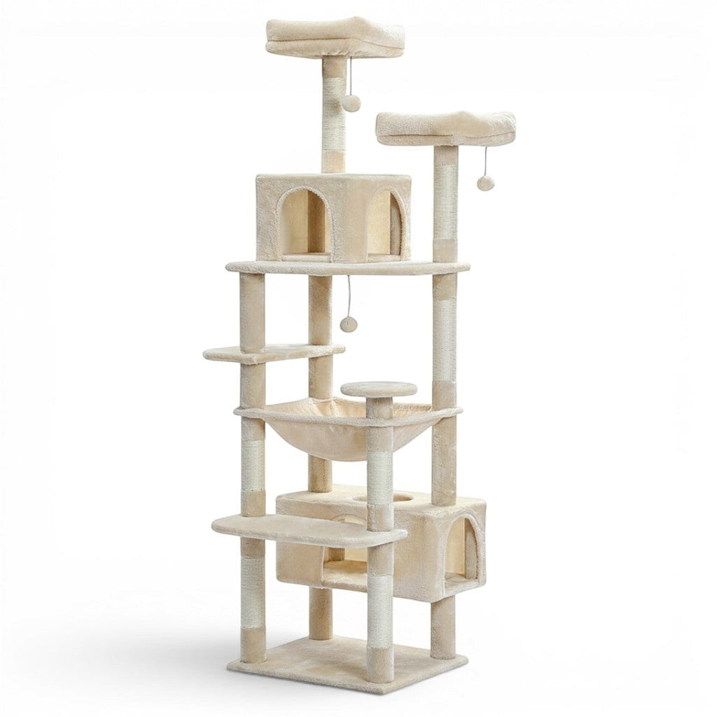Arbre à chat Esprit Chat beige en bois avec plusieurs niveaux, hamac, perchoirs rembourrés et condos.
