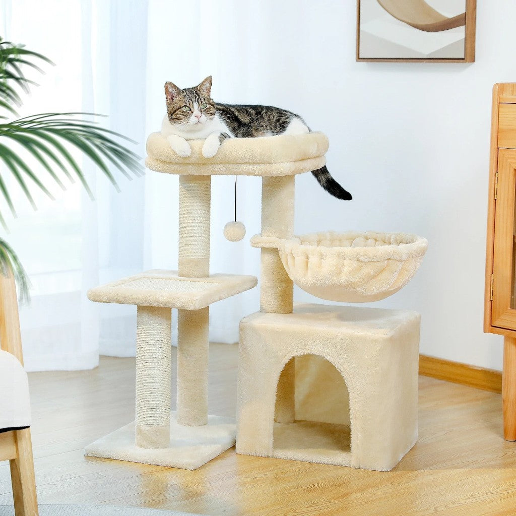 Arbre à chat Esprit Chat beige à 3 niveaux avec plateforme, hamac confortable, niche et poteaux à griffer en sisal
