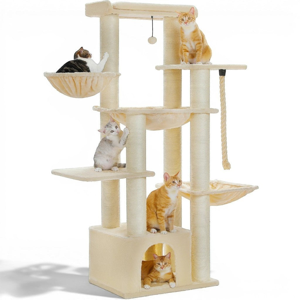 Arbre à chat beige Esprit Chat à 6 niveaux avec hamacs, perchoirs, niche et poteaux en sisal pour plusieurs chats