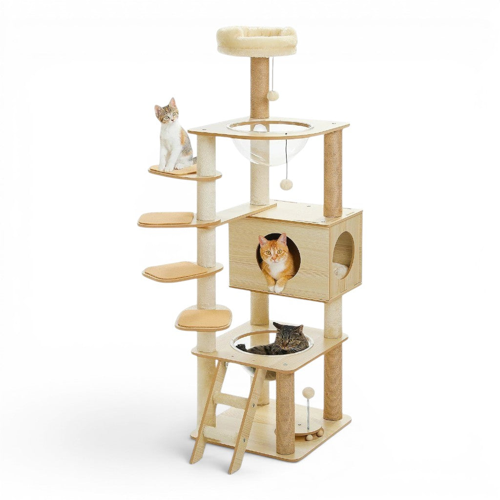 Arbre à chat multi-niveaux Esprit Chat en bois beige avec hamac, condo, perchoir et griffoirs pour chats d'intérieur