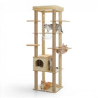 Arbre à chat multi-niveaux Esprit Chat en bois beige avec hamac en acrylique, griffoirs en sisal et plateforme
