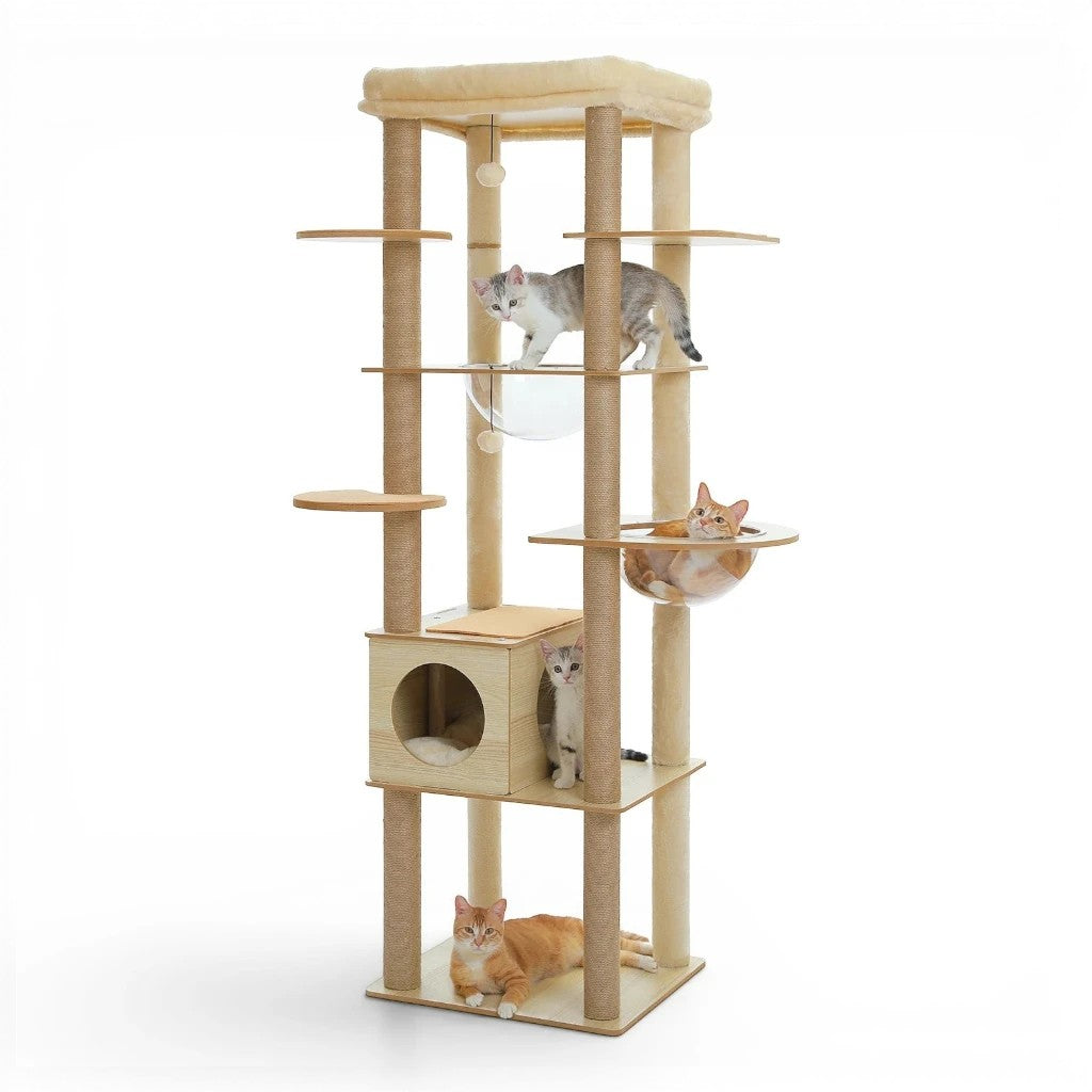 Arbre à chat multi-niveaux Esprit Chat en bois beige avec hamac en acrylique, griffoirs en sisal et plateforme
