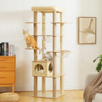 Arbre à chat multi-niveaux Esprit Chat en bois beige avec hamacs en acrylique, griffoirs et plateforme supérieure