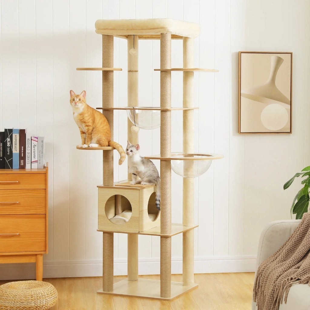 Arbre à chat multi-niveaux Esprit Chat en bois beige avec hamacs en acrylique, griffoirs et plateforme supérieure
