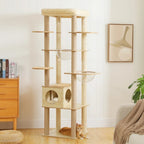Arbre à chat multi-niveaux en bois beige Esprit Chat avec hamacs en acrylique, griffoirs et plateforme confortable