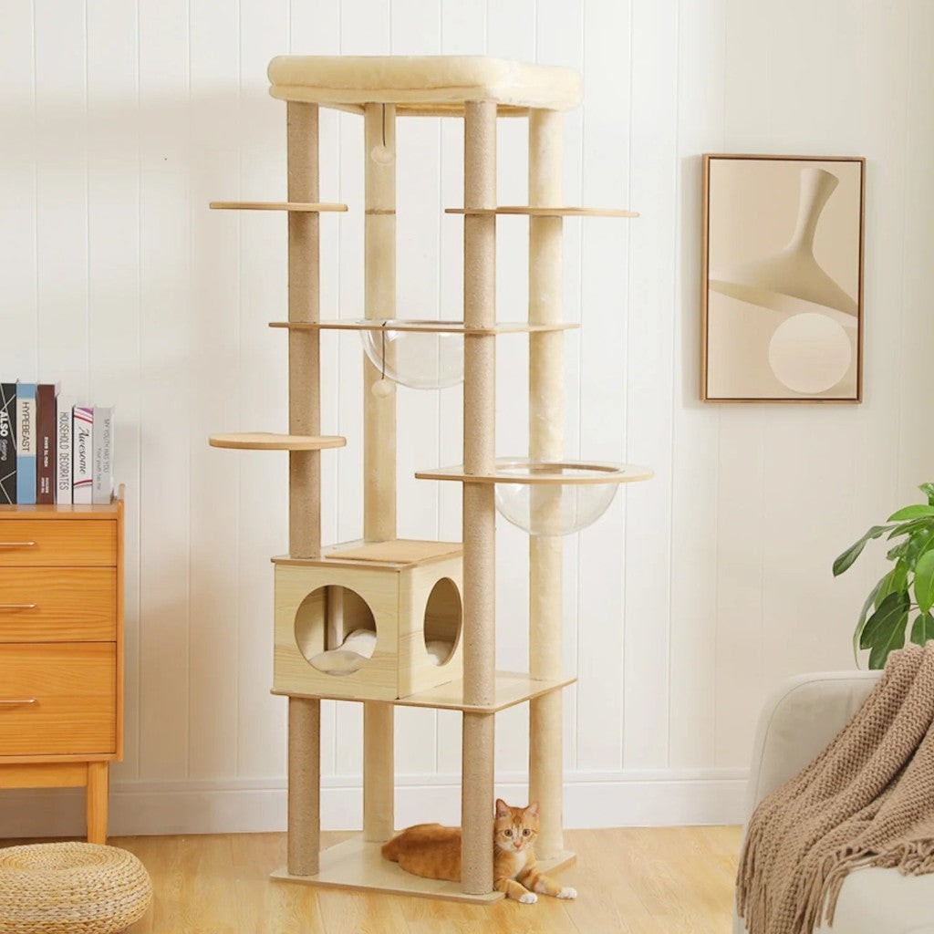 Arbre à chat multi-niveaux en bois beige Esprit Chat avec hamacs en acrylique, griffoirs et plateforme confortable