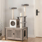 Arbre à chat Esprit Chat multi-niveaux en bois grège avec maison, hamac et poteaux en sisal pour le repos des félins