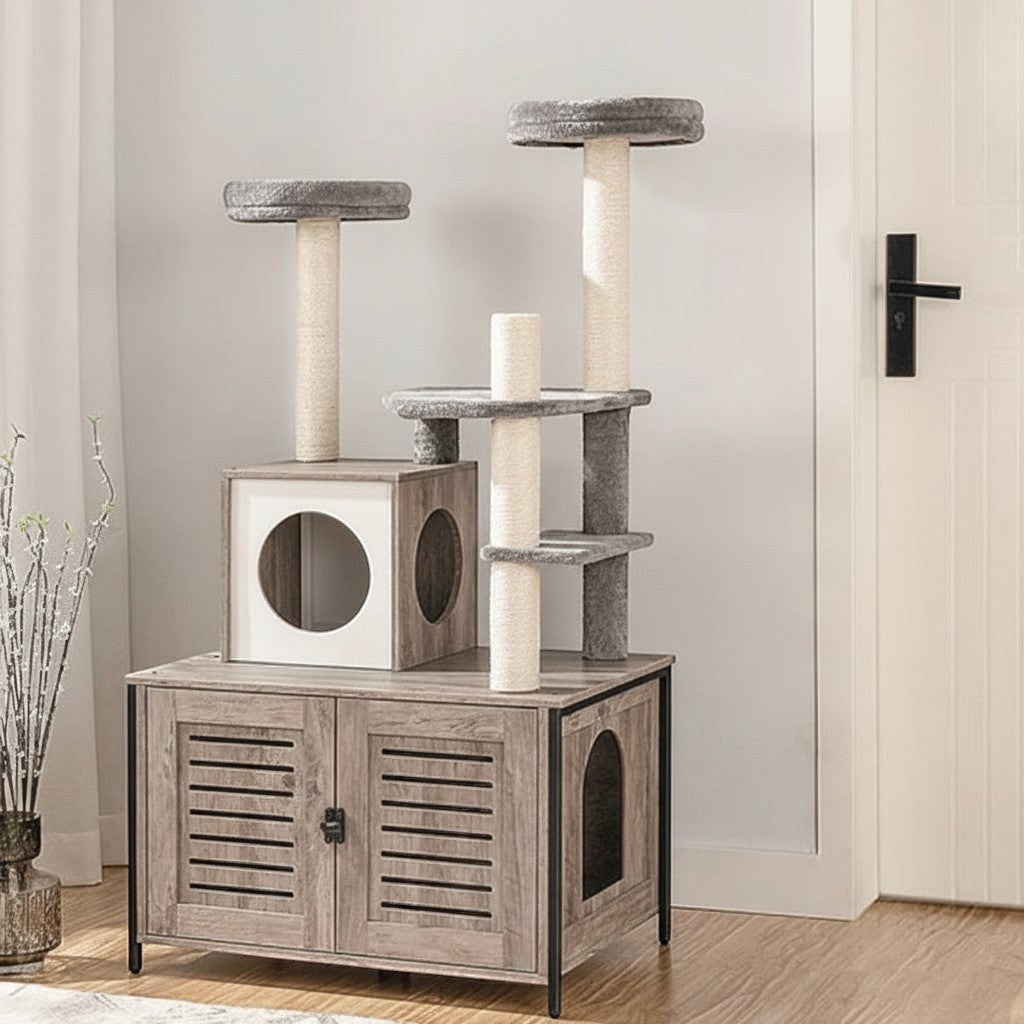 Arbre à chat Esprit Chat multi-niveaux en bois grège avec maison, hamac et poteaux en sisal pour le repos des félins