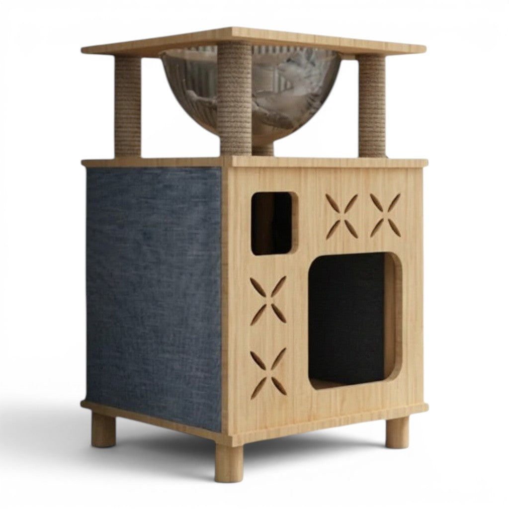 Arbre à chat Esprit Chat en bois avec niche fermée, griffoirs en sisal et bol de repos transparent sur deux niveaux
