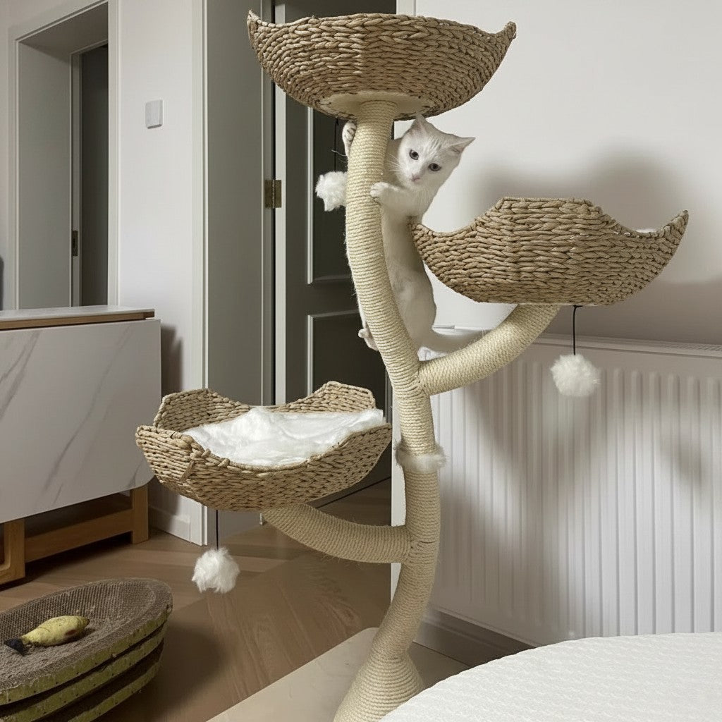 Arbre à chat Esprit Chat multi-niveaux en bois et sisal avec paniers tressés et un chaton blanc jouant