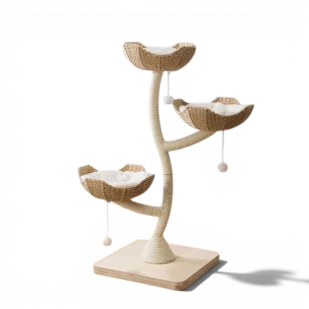 Arbre à chat Esprit Chat moderne à trois niveaux avec paniers en osier, coussins doux et poteaux en sisal