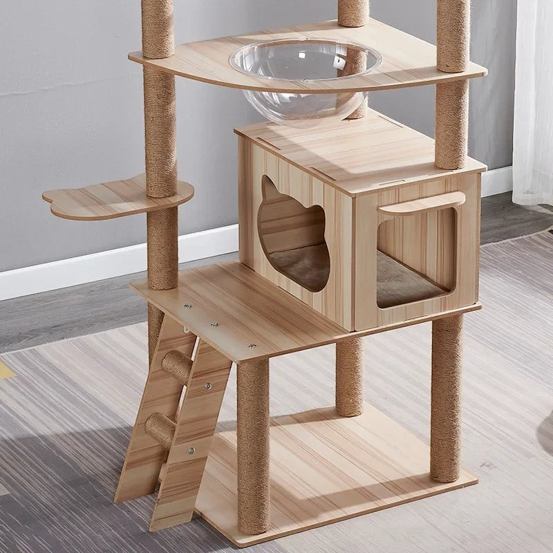 Arbre à chat Esprit Chat en bois avec plateforme, niche, échelle et bol transparent pour le repos et le jeu