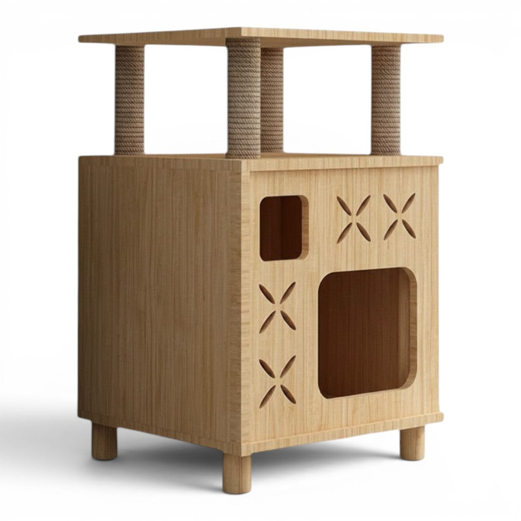 Arbre à chat Esprit Chat en bois à deux niveaux avec niche intégrée et poteaux en sisal pour griffer