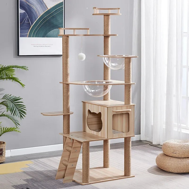 Arbre à chat Esprit Chat en bois multi-niveaux avec perchoirs, niches et bols transparents pour le repos et le jeu