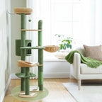 Arbre à chat multi-niveaux Esprit Chat en forme de cactus vert avec griffoirs en sisal, hamac et plateformes douces.