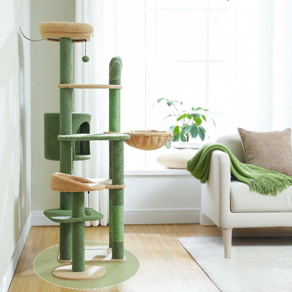 Arbre à chat multi-niveaux Esprit Chat en forme de cactus vert avec griffoirs en sisal, hamac et plateformes douces.