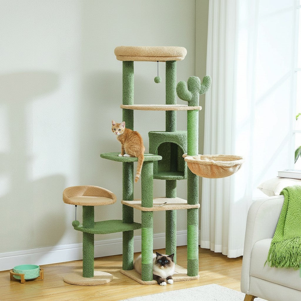 Arbre à chat multi-niveaux Esprit Chat en forme de cactus vert avec hamac, perchoirs et griffoirs en sisal
