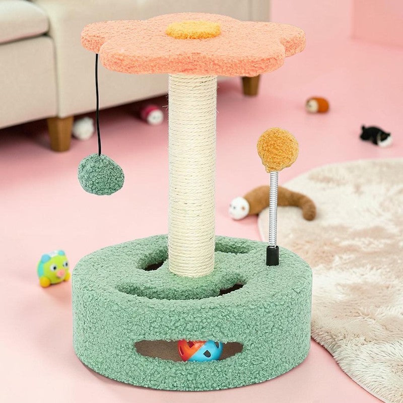 Arbre à chat Esprit Chat en forme de fleur avec poteau en sisal, base verte texturée et jouets interactifs suspendus