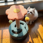 Arbre à chat Esprit Chat en forme de fleur rose et verte avec griffoir en sisal et jouets à pompons pour chaton