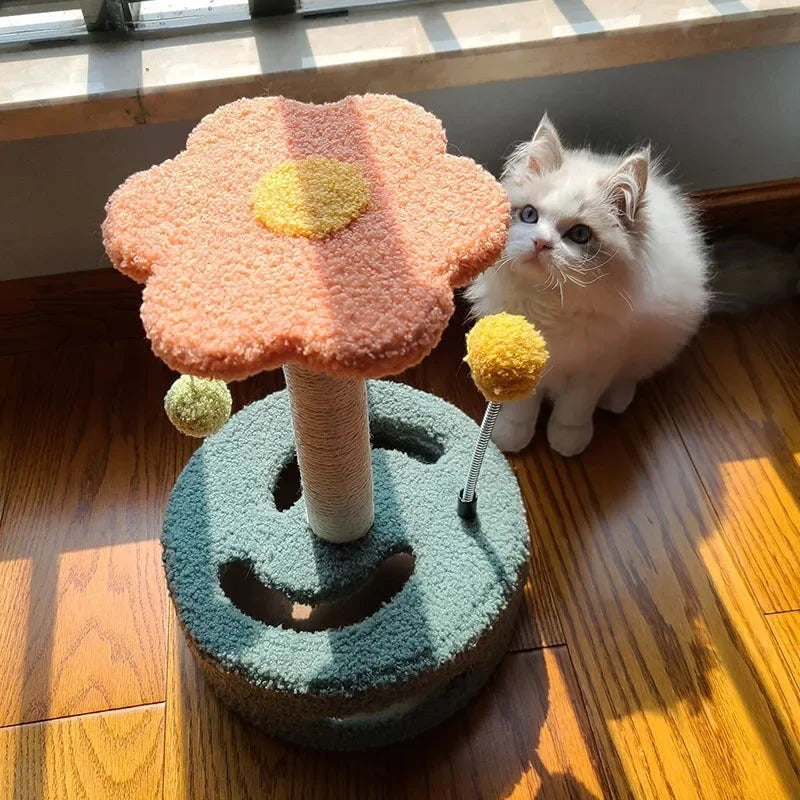 Arbre à chat Esprit Chat en forme de fleur rose et verte avec griffoir en sisal et jouets à pompons pour chaton