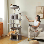 Arbre à chat gris et beige Esprit Chat avec plusieurs niveaux, hamac, perchoirs et condos. Idéal pour l'escalade et le jeu.
