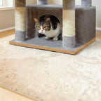 Arbre à chat Esprit Chat gris et beige avec poteaux recouverts de sisal et une niche pour chat.