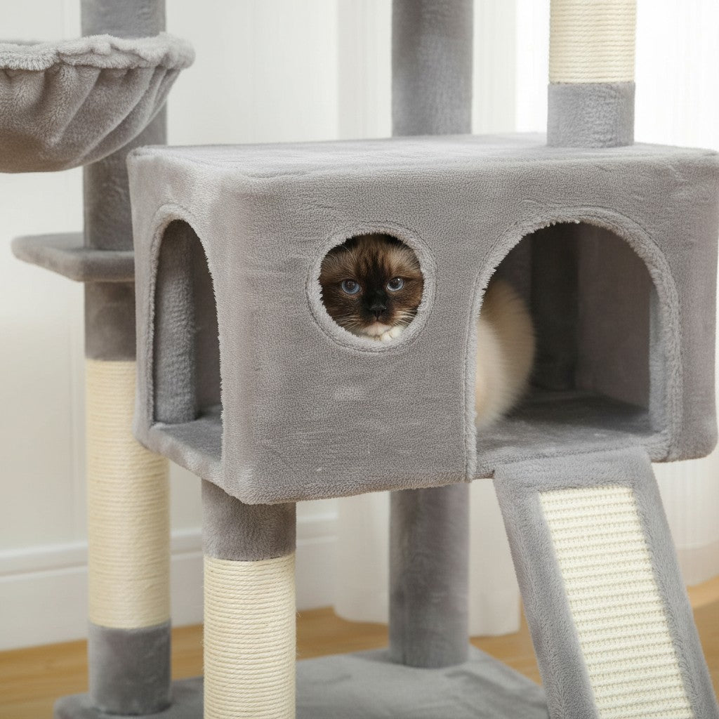 Arbre à chat Esprit Chat gris à plusieurs niveaux avec condo en peluche, poteaux à griffer en sisal et chat à l'intérieur