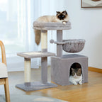 Arbre à chat Esprit Chat gris à 3 niveaux avec plateforme, hamac douillet, niche et poteaux à griffer en sisal
