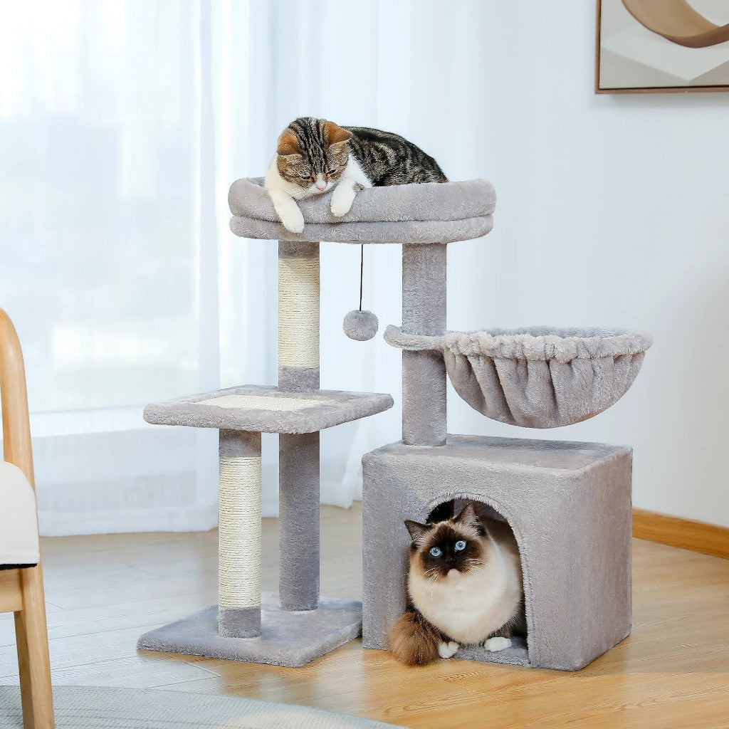 Arbre à chat Esprit Chat gris à 3 niveaux avec plateforme, hamac douillet, niche et poteaux à griffer en sisal