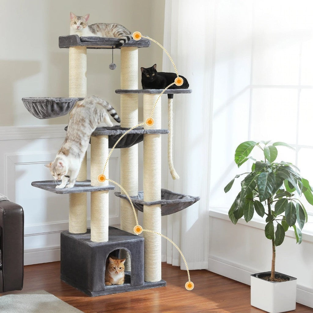 Arbre à chat multi-niveaux Esprit Chat en bois gris avec poteaux en sisal, hamacs et maison pour grands chats