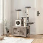 Arbre à chat Esprit Chat gris avec maisonnette, hamac, poteaux en sisal et plateformes en peluche dans un salon.