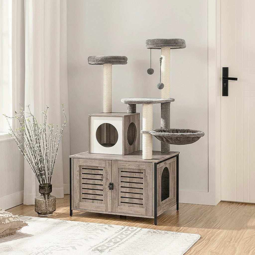 Arbre à chat Esprit Chat gris avec maisonnette, hamac, poteaux en sisal et plateformes en peluche dans un salon.