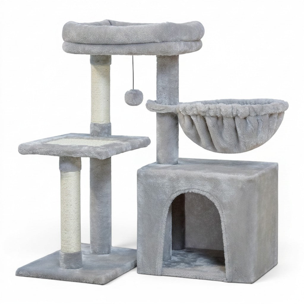 Arbre à chat Esprit Chat gris à 3 niveaux avec plateforme, hamac douillet, niche et poteaux en sisal pour chaton