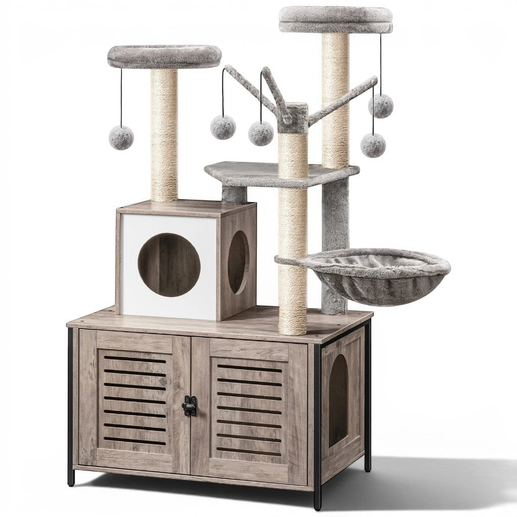 Arbre à chat Esprit Chat gris grège avec maison, hamac, poteaux en sisal et jouets suspendus sur meuble en bois