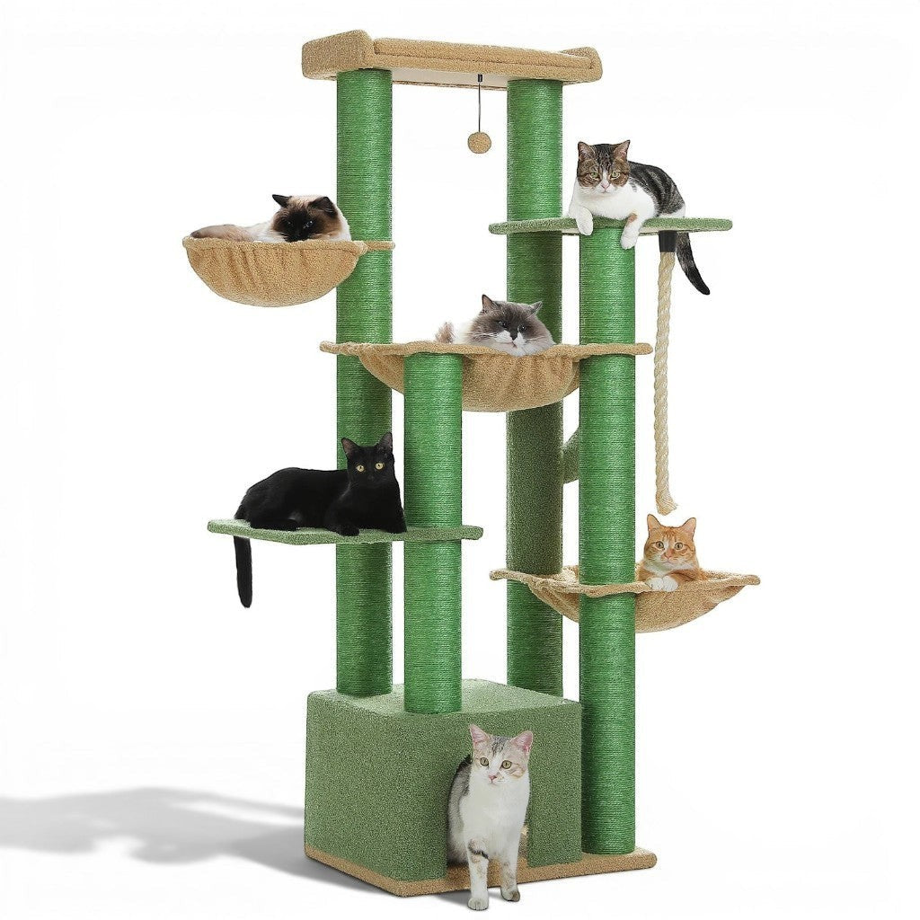 Arbre à chat multi-niveaux Esprit Chat vert et beige avec hamacs, perchoirs et poteaux en sisal pour grands chats