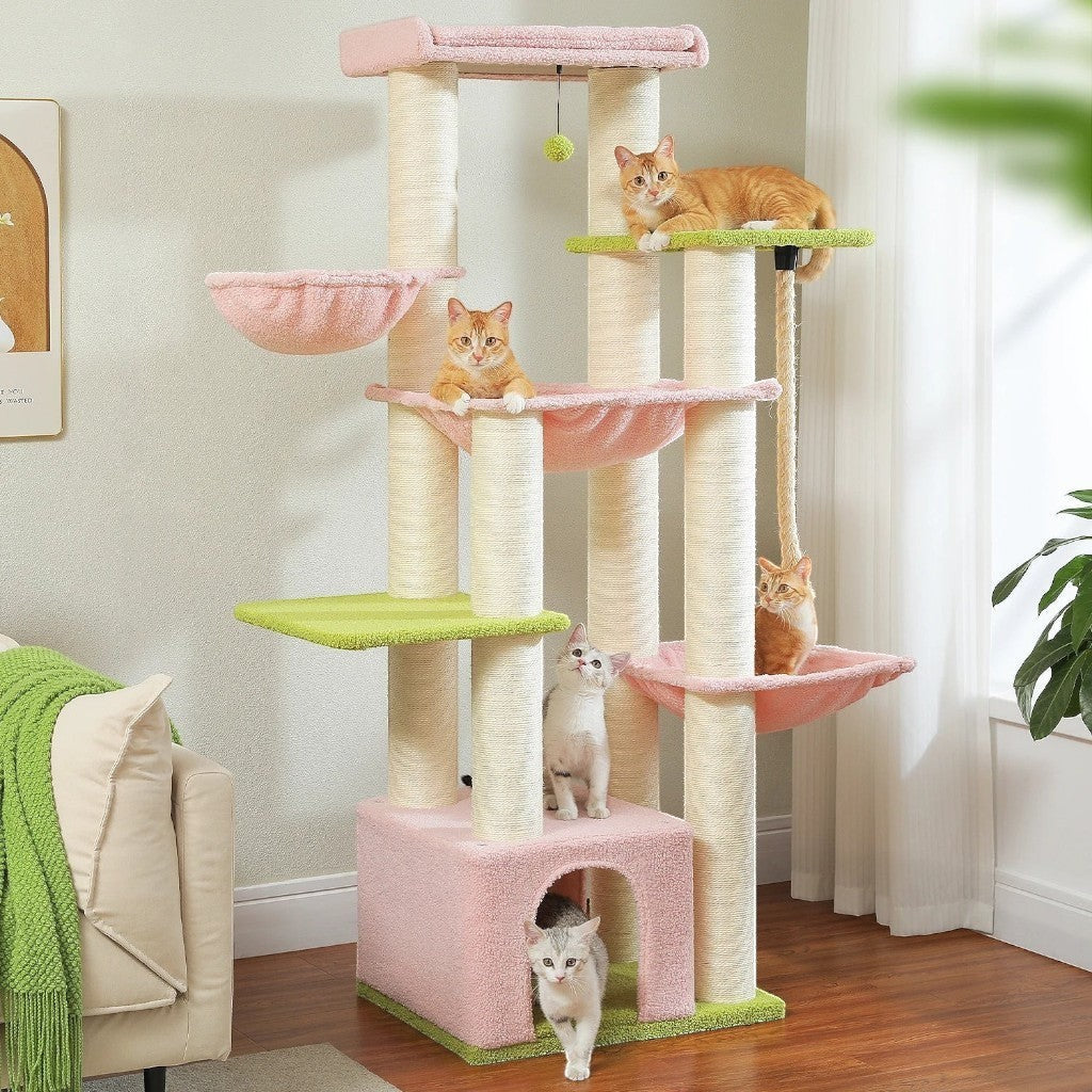 Arbre à chat multi-niveaux Esprit Chat avec poteaux en sisal, hamacs et niches pour le confort de vos félins.